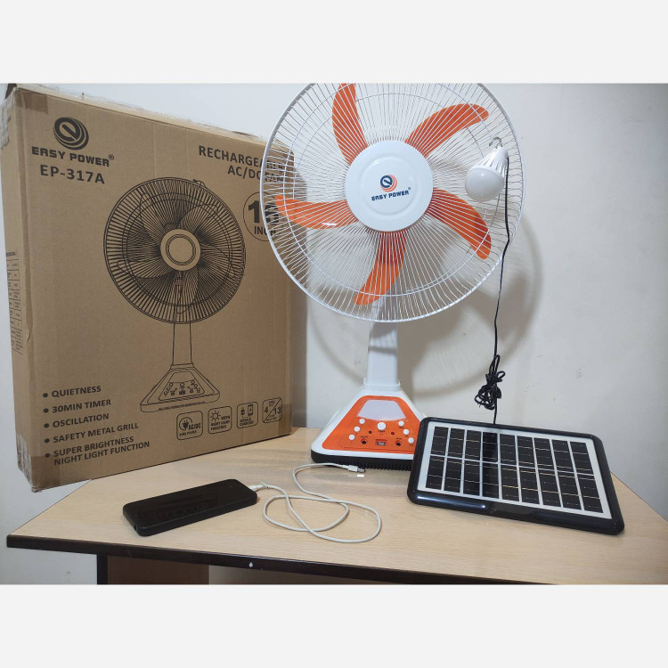 پنکه خورشیدی ۱۶ اینچی مدل EP-317A | طراحی مدرن با نور LED و شارژ چندمنظوره برند Easy Power